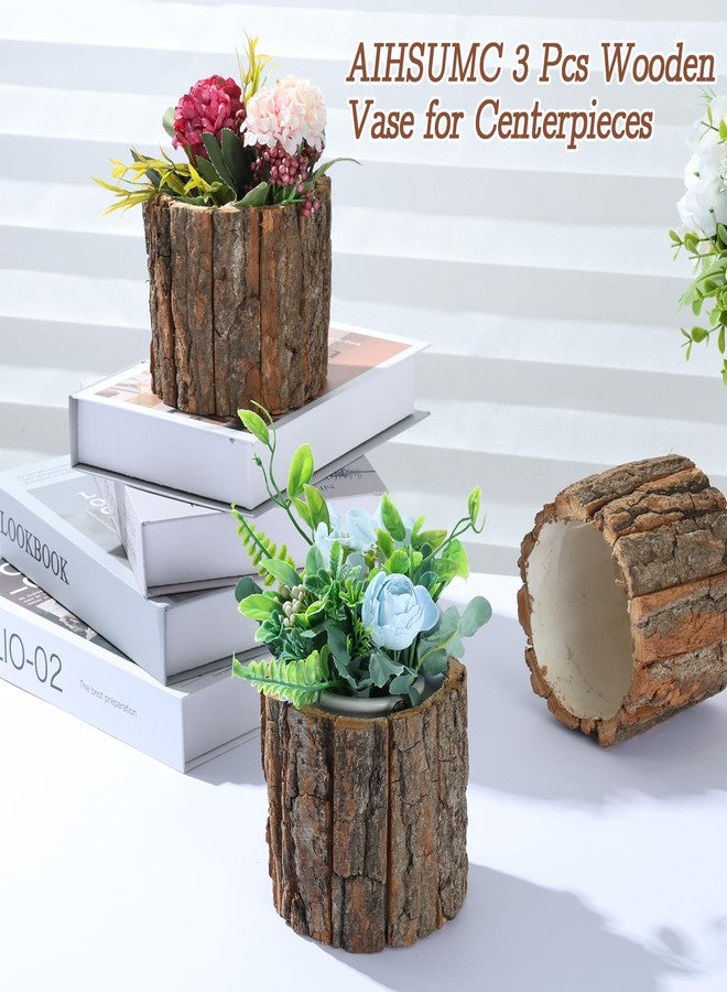 AIHSUMC 3 Pcs Wooden Vase for Centerpieces, 3.9 in Bark Vase Rustic Wooden Bark Flower Pots Country Style Stump Bucket Planter for Woodland Party Wedding Window Home Farmhouse Table Decor - Image 5